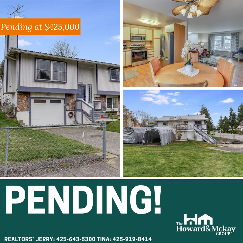 Collage of three photos showcasing a house for sale: the exterior view of a two-story house with a front yard and a driveway, the interior of a kitchen and dining area with wooden cabinets, a round dining table with chairs, and a living room with lar