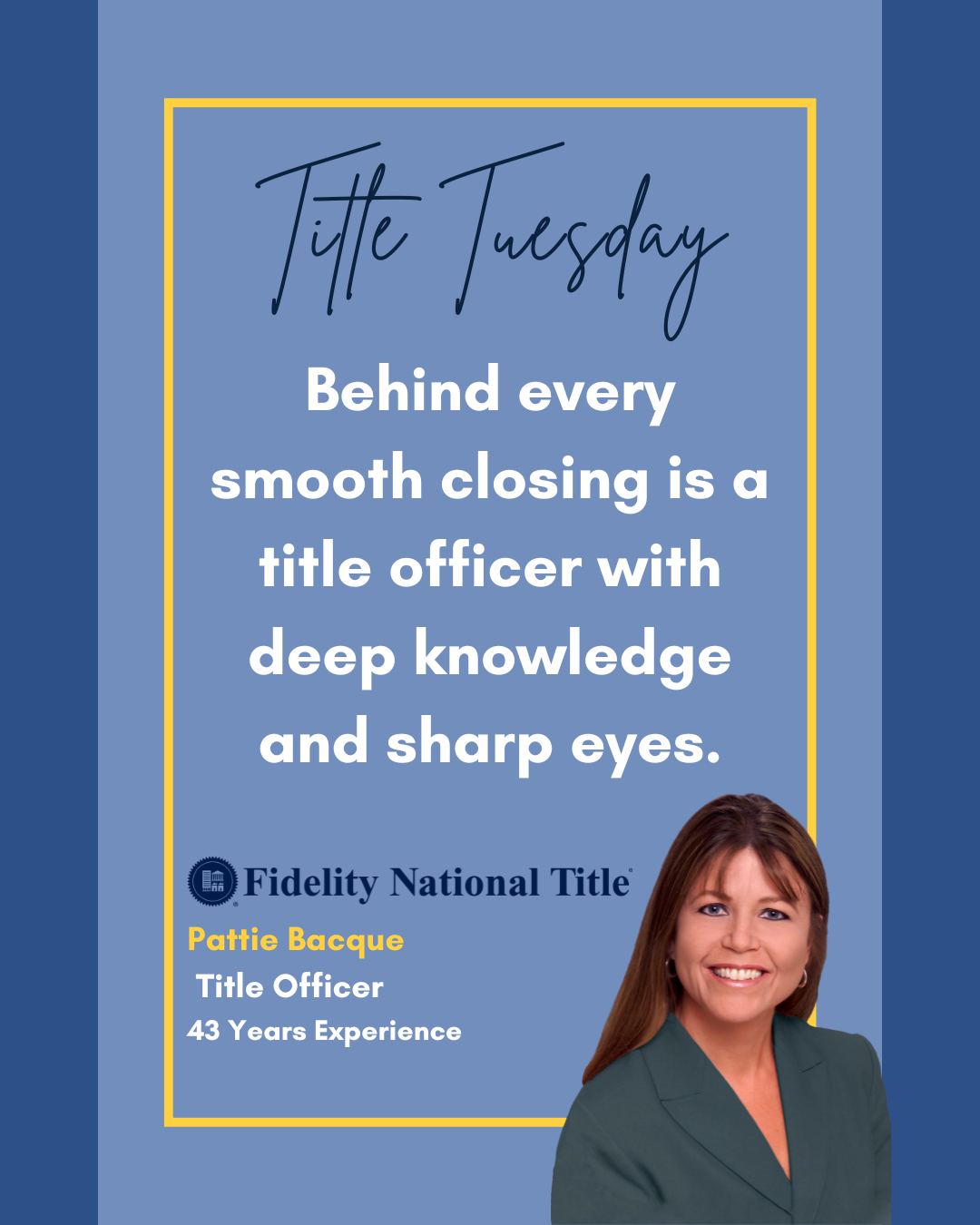 🔍 #TitleTuesday
Behind every smooth closing is a title officer with deep knowledge and sharp eyes. With decades of experience on your side, you can count on Fidelity for smooth closings and reliable support every step of the way. 🏡💼

🌟 Call us to
