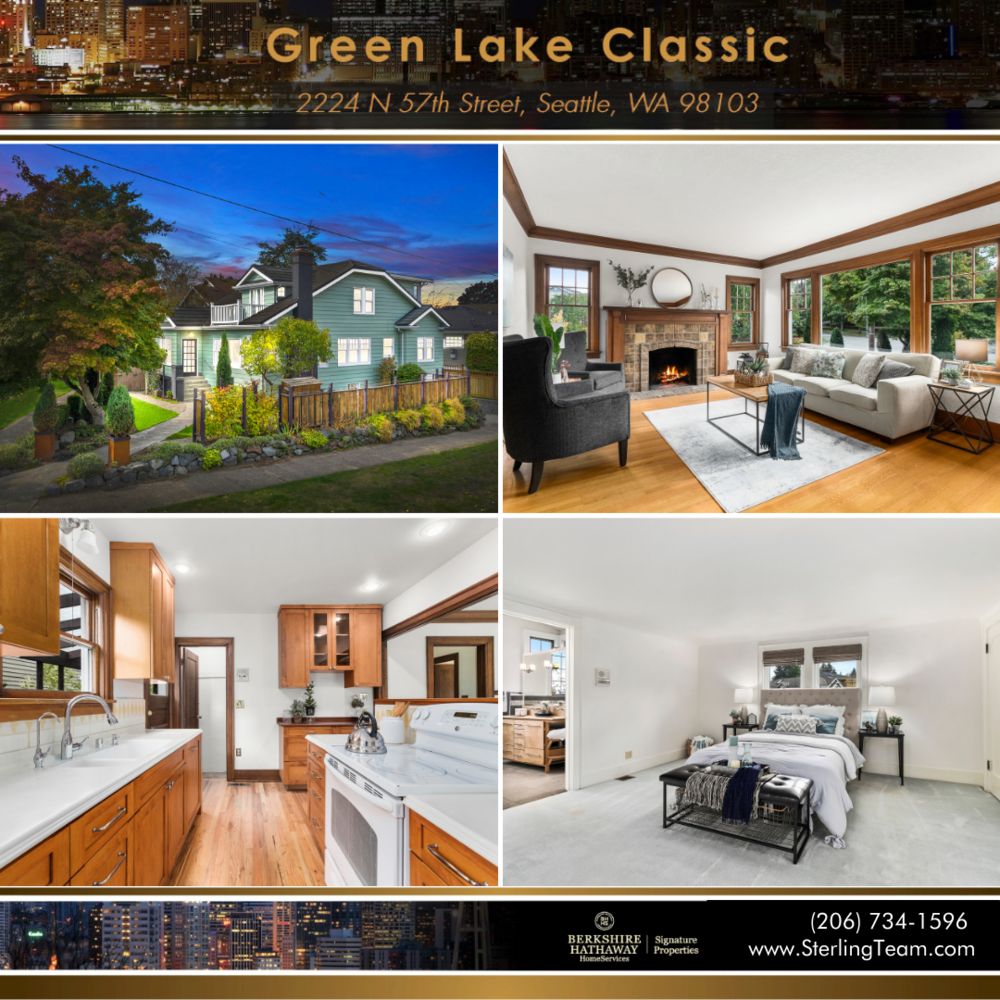 A collage showcasing a house with an exterior view at sunset, a living room with large windows and a fireplace, a kitchen with wooden cabinets, and a bedroom with a bed and nightstands.