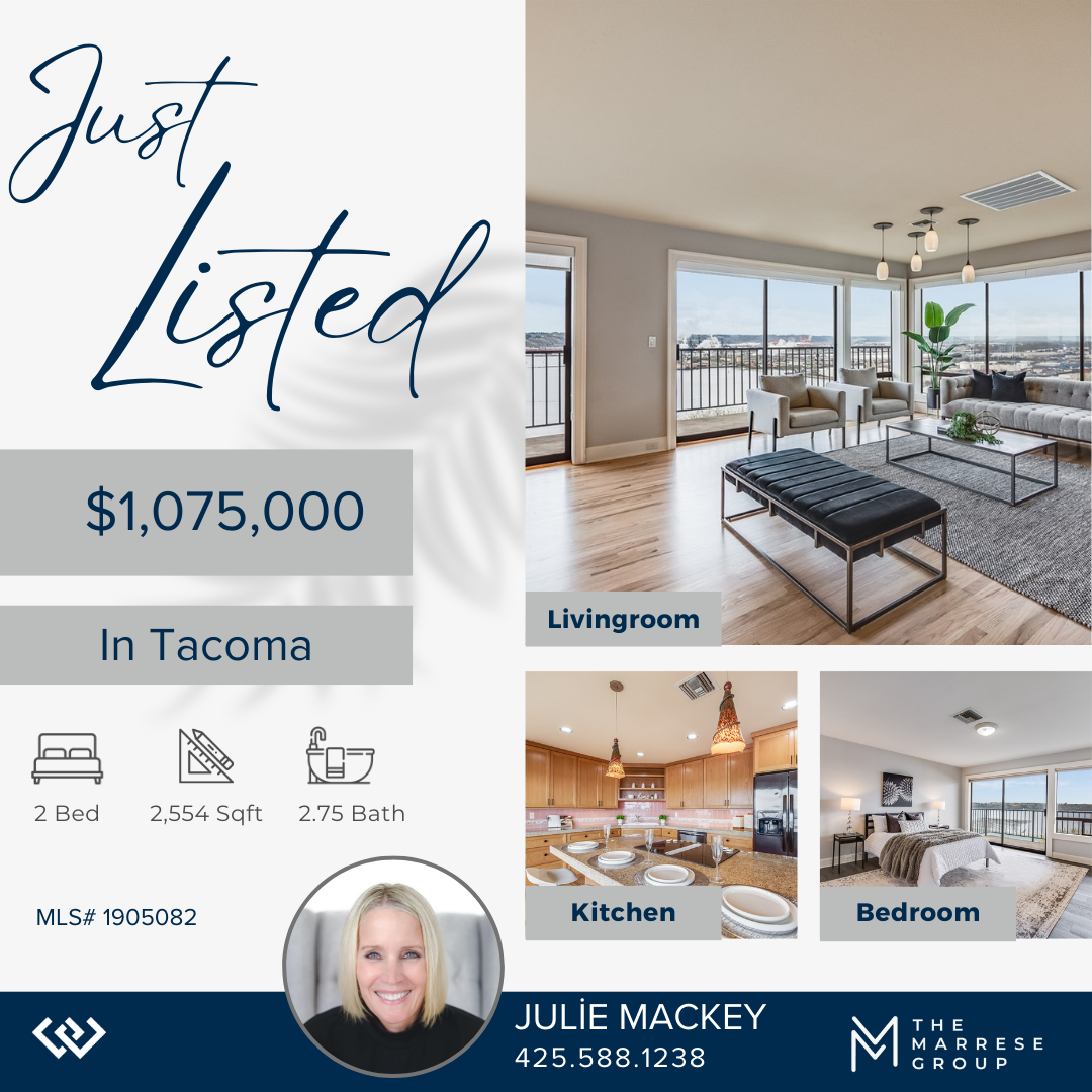 Real estate listing for a home in Tacoma, priced at $1,075,000. The listing features 2 bedrooms, 2,554 square feet, and 2.75 bathrooms. The image includes photos of the living room with large windows, a kitchen with a breakfast bar, and a bedroom wit