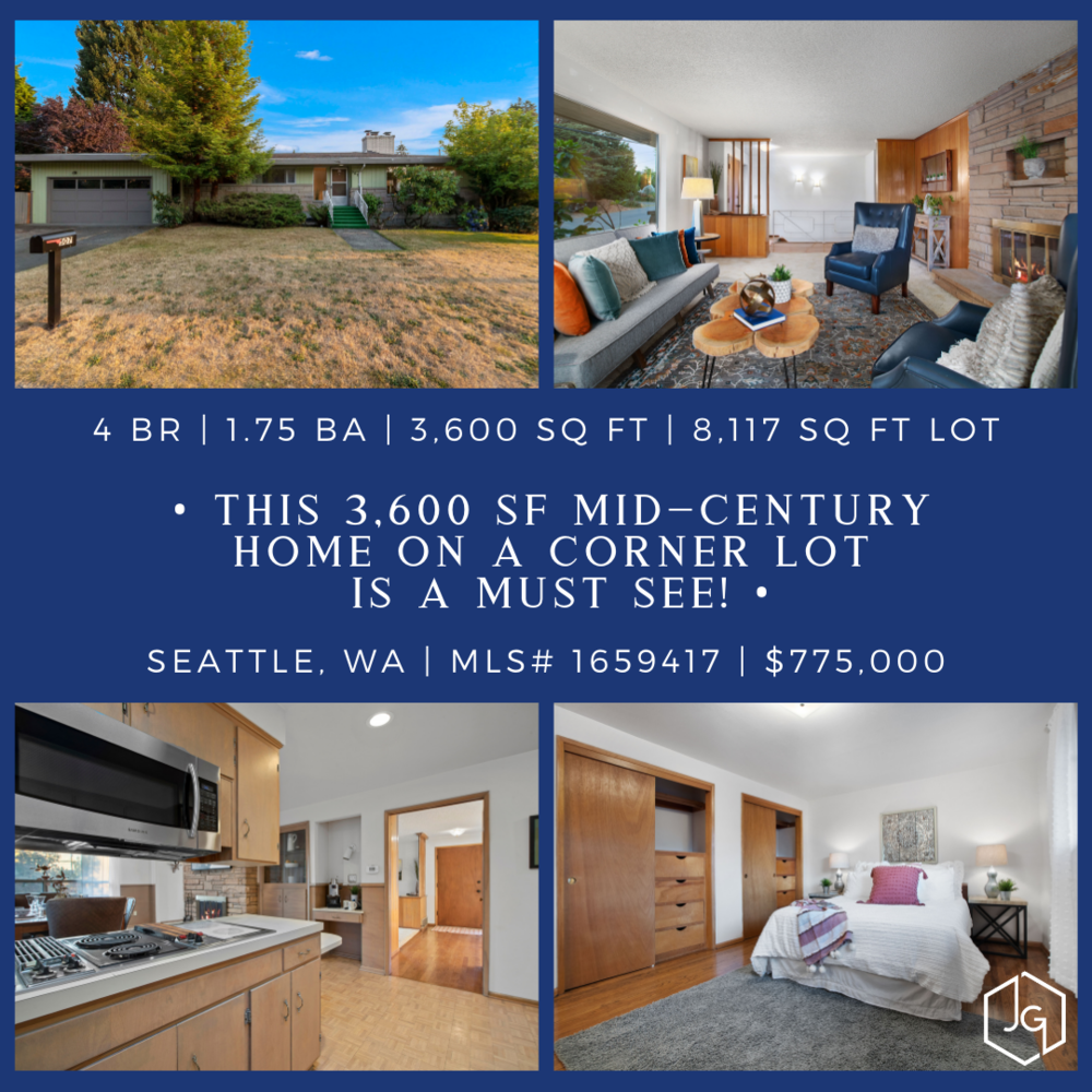 Property flyer featuring exterior view of a mid-century house on a corner lot, interior view of a living room with modern decor, kitchen with wooden cabinets, and a bedroom with built-in closet storage.