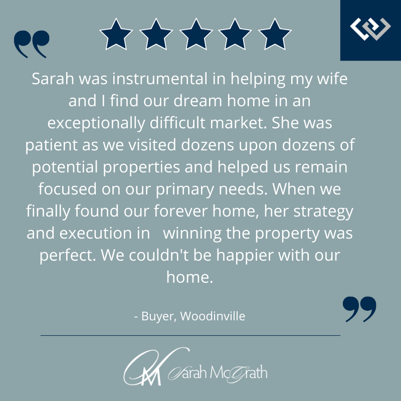 Testimonial quote with five stars at the top, a quote about helping find a dream home, attributed to Sarah McGrath at the bottom.
