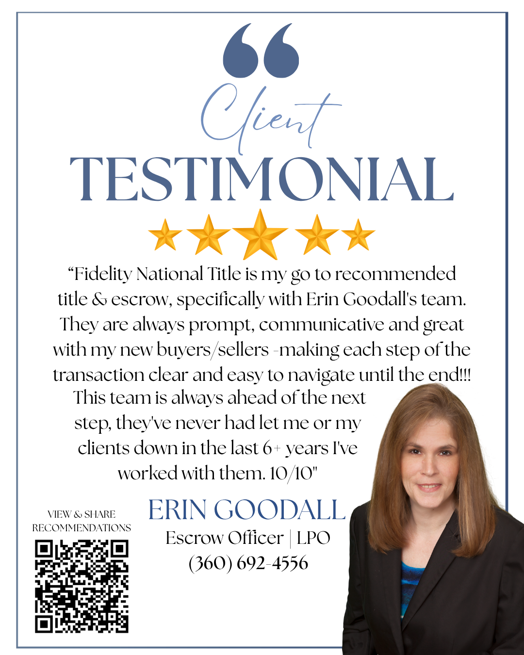 ⭐️⭐️⭐️⭐️⭐️
Shout out to Erin and her team on this 5-star testimonial! 👍🏻👏🏼
.
.
.
#InsistOnFidelity #FidelityNationalTitle #TitleandEscrow #FidelityFamily #FidelityWA #FNT #TestimonialThursday