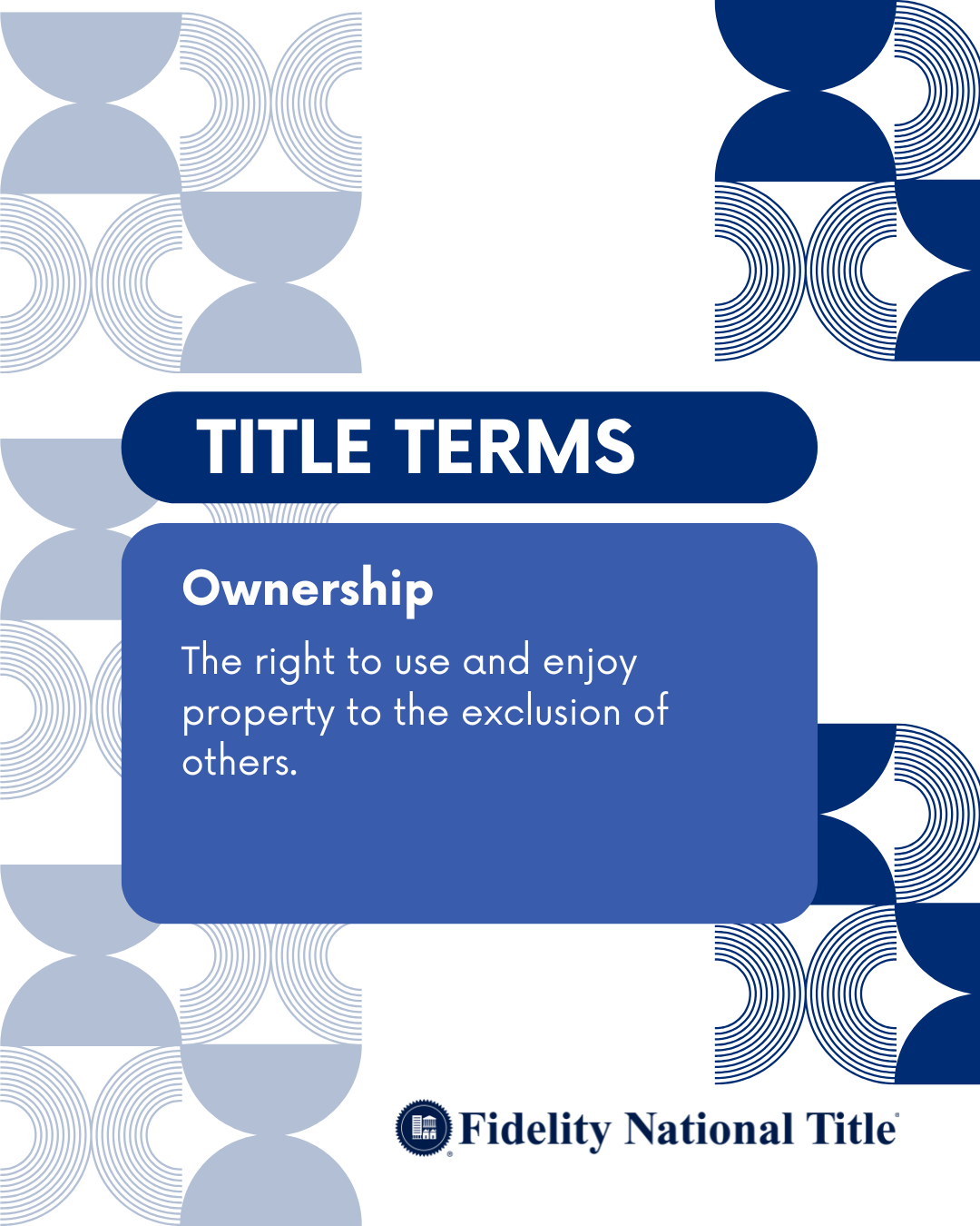 #TitleTerms
Ownership
The right to use and enjoy property to the exclusion of others.

View more definitions    https://zurl.co/Zz7Z
.
.
.
#TrustworthyTitle #Homeownership #SecureTransactions #TitleInsuranceProtection #SafeHomePurchase #PropertyOwner