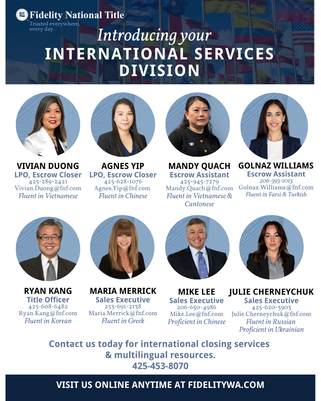 At Fidelity National Title, we’re proud to have a team that speaks your language—literally! 🏡💬 Whether you’re buying, selling, or investing, our multilingual experts ensure a seamless experience for our international clients. With proficiency in mu