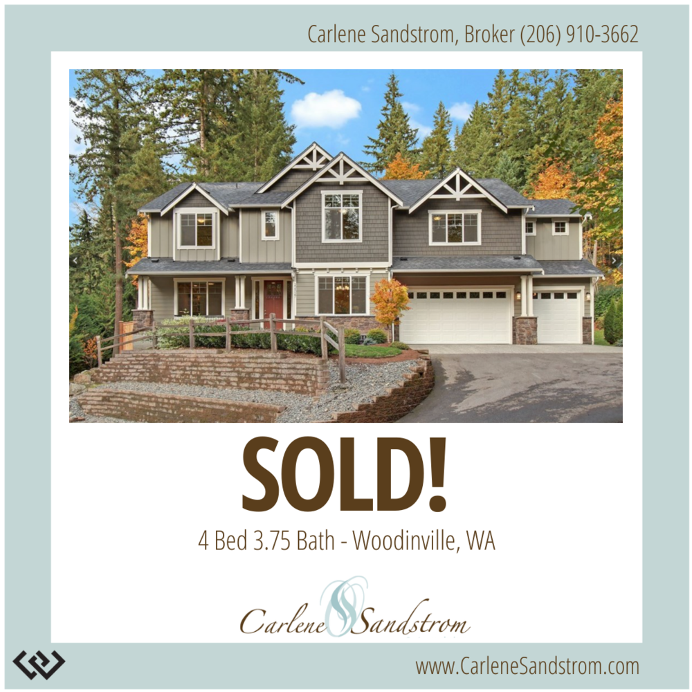 A two-story house with a dark gray exterior, multiple windows, a attached garage, surrounded by trees with some fall foliage, and a front porch with a railing. Text overlays indicate the house has been sold, with details about the property and an age