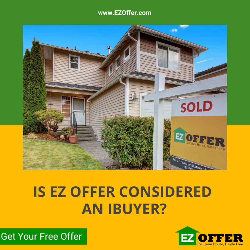 A two-story house with beige siding and white trim, front steps with black railing, front yard with bushes and trees, and a "Sold" sign in the yard promoting EZ Offer real estate service. The image has a green border with the website URL at the top a