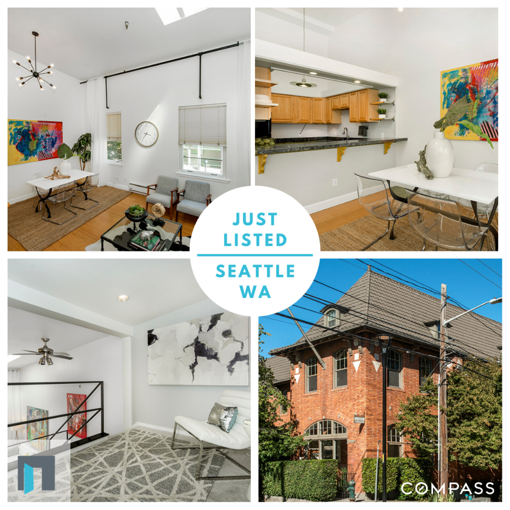 Thumbnail collage of four images of a recently listed property in Seattle, WA. Upper left shows a living room with white walls, large windows, a modern light fixture, and artwork. Upper right displays a kitchen with wooden cabinets, black countertops