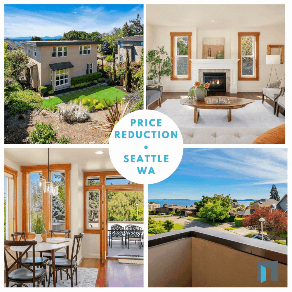 A collage of four images showcasing a house listing in Seattle, WA, with exterior views, interior living room, dining area, and balcony with a view of the neighborhood and water.