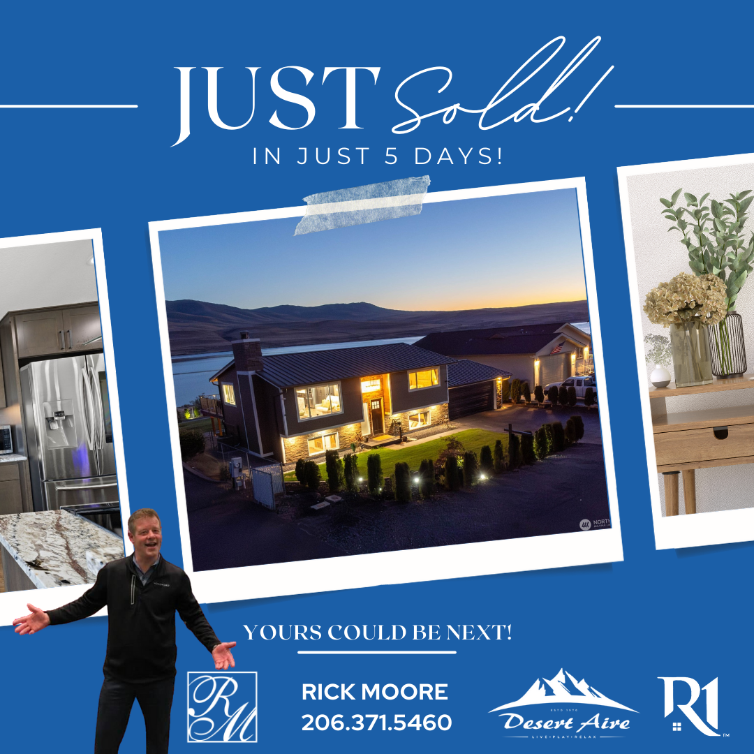Real estate advertisement showcasing a house with a scenic lakeside view at sunset, emphasizing home sales in 5 days.