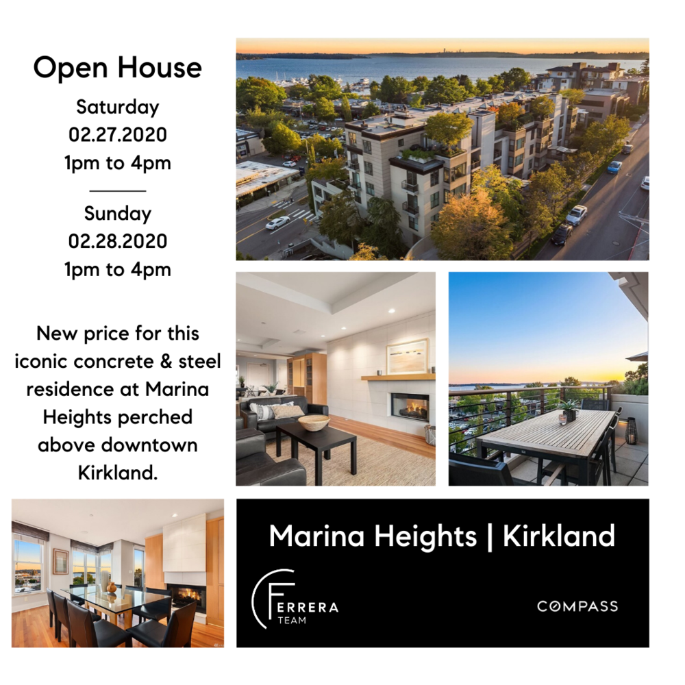 Open house event announcement with photos of a residential complex, interior living space, and a balcony view of the neighborhood with water, along with text details of the event and location in Kirkland, Washington.