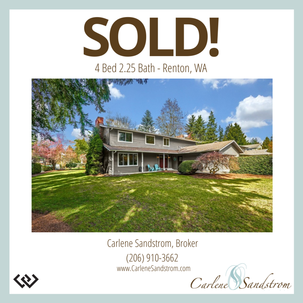 Real estate listing for a four-bedroom, 2.25-bath home in Renton, Washington, marked as sold. The image shows a two-story house with an expansive front lawn, trees, and a bright blue sky.