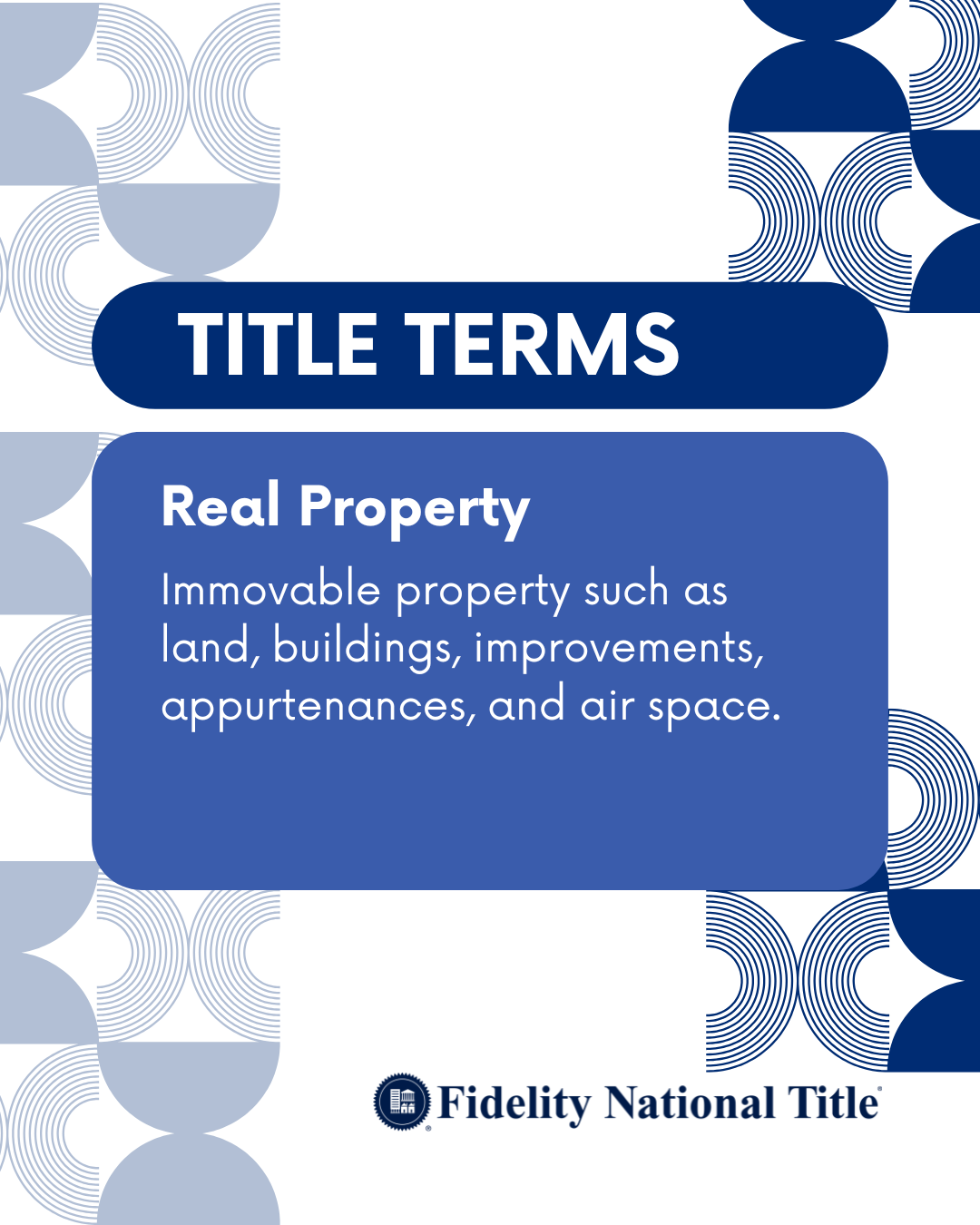 #TitleTerms
Real Property
Immovable property such as land, buildings, improvements, appurtenances, and air space.

View more definitions    https://zurl.co/HMi8v
.
.
.
#TrustworthyTitle #Homeownership #SecureTransactions #TitleInsuranceProtection #Sa