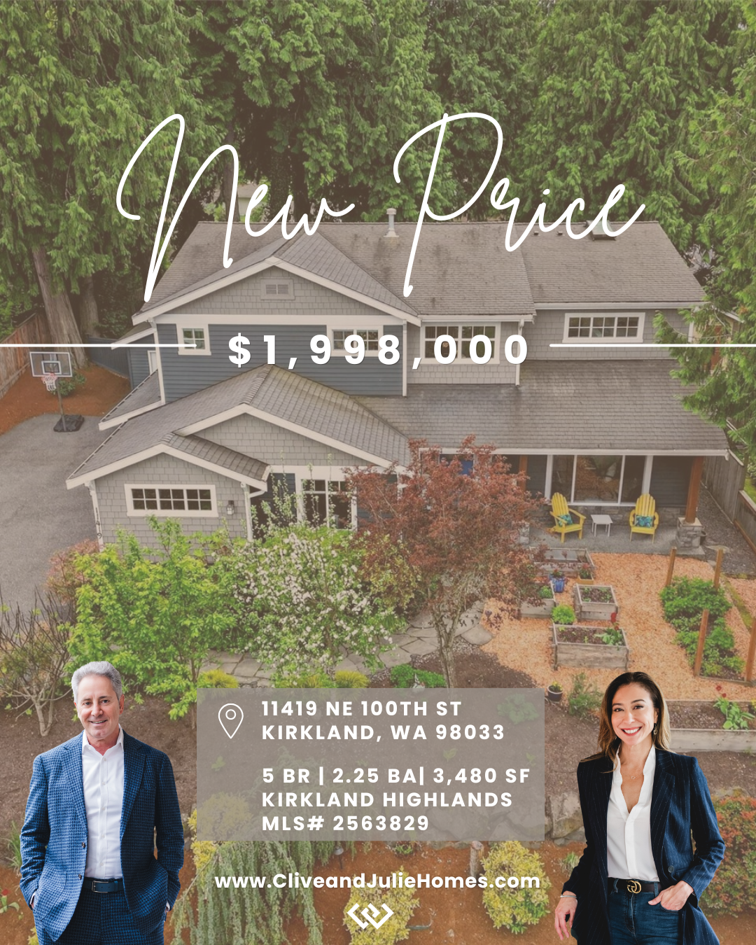 Aerial view of a two-story house with gray siding and a landscaped backyard, with two real estate agents standing at the bottom, promoting a home for sale at $1,998,000 in Kirkland, Washington.