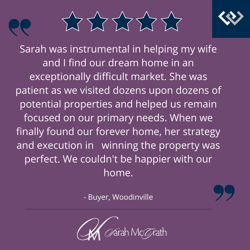 Customer testimonial with five-star rating, a quote praising Sarah for her help in finding a home, and Sarah McGrath's signature at the bottom.