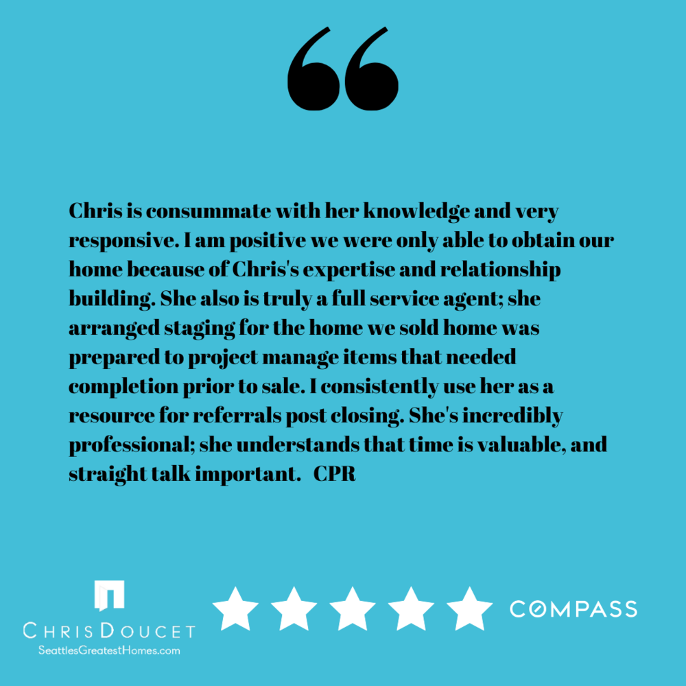 Testimonial quote on a blue background praising Chris for her knowledge, responsiveness, expertise, professionalism, and relationship building as a real estate agent, with a five-star rating from Compass and the name Chris Doucet.