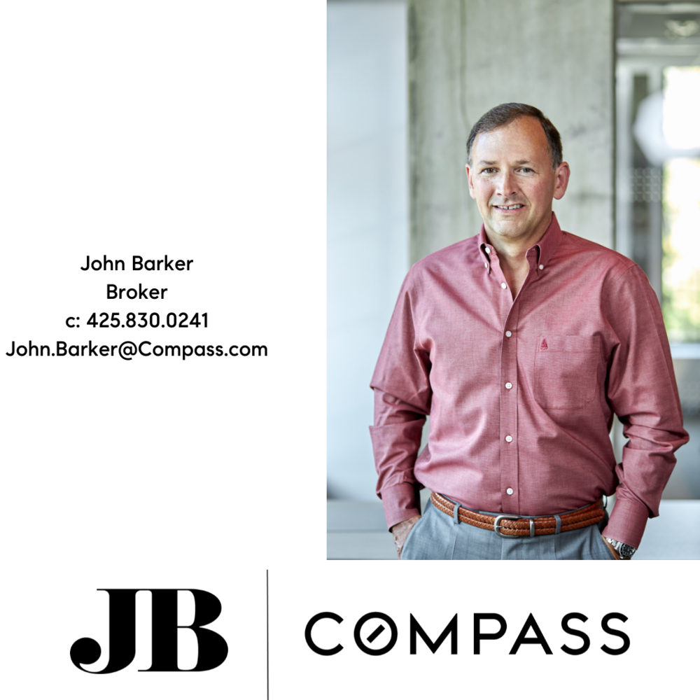 Business card featuring a photo of a man in a pink shirt, with contact details for John Barker, broker, including phone number and email, and logos for JB and Compass.