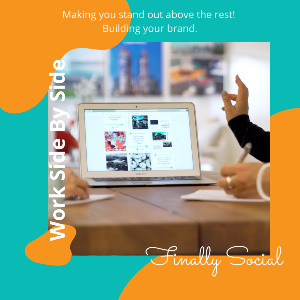 A promotional graphic for social media with a photo of a laptop on a wooden table, surrounded by colorful abstract shapes in orange, teal, and white. The background shows a blurred office or meeting room. The text reads: 'Work Side By Side,' 'Making