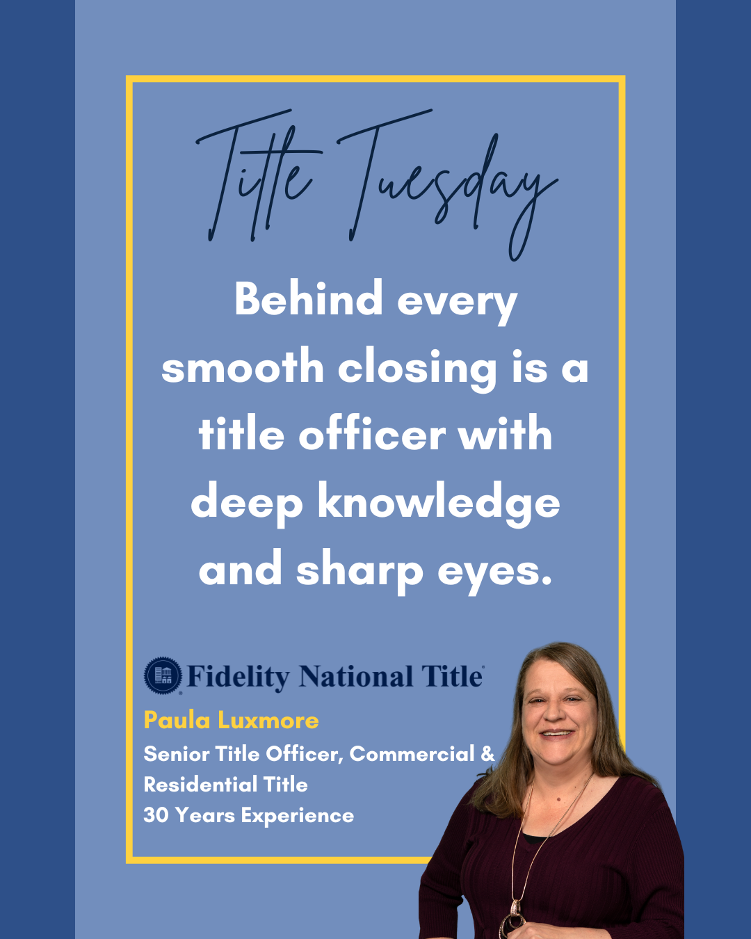 🔍 #TitleTuesday
Behind every smooth closing is a title officer with deep knowledge and sharp eyes. With decades of experience on your side, you can count on Fidelity for smooth closings and reliable support every step of the way. 🏡💼

🌟 Call us to