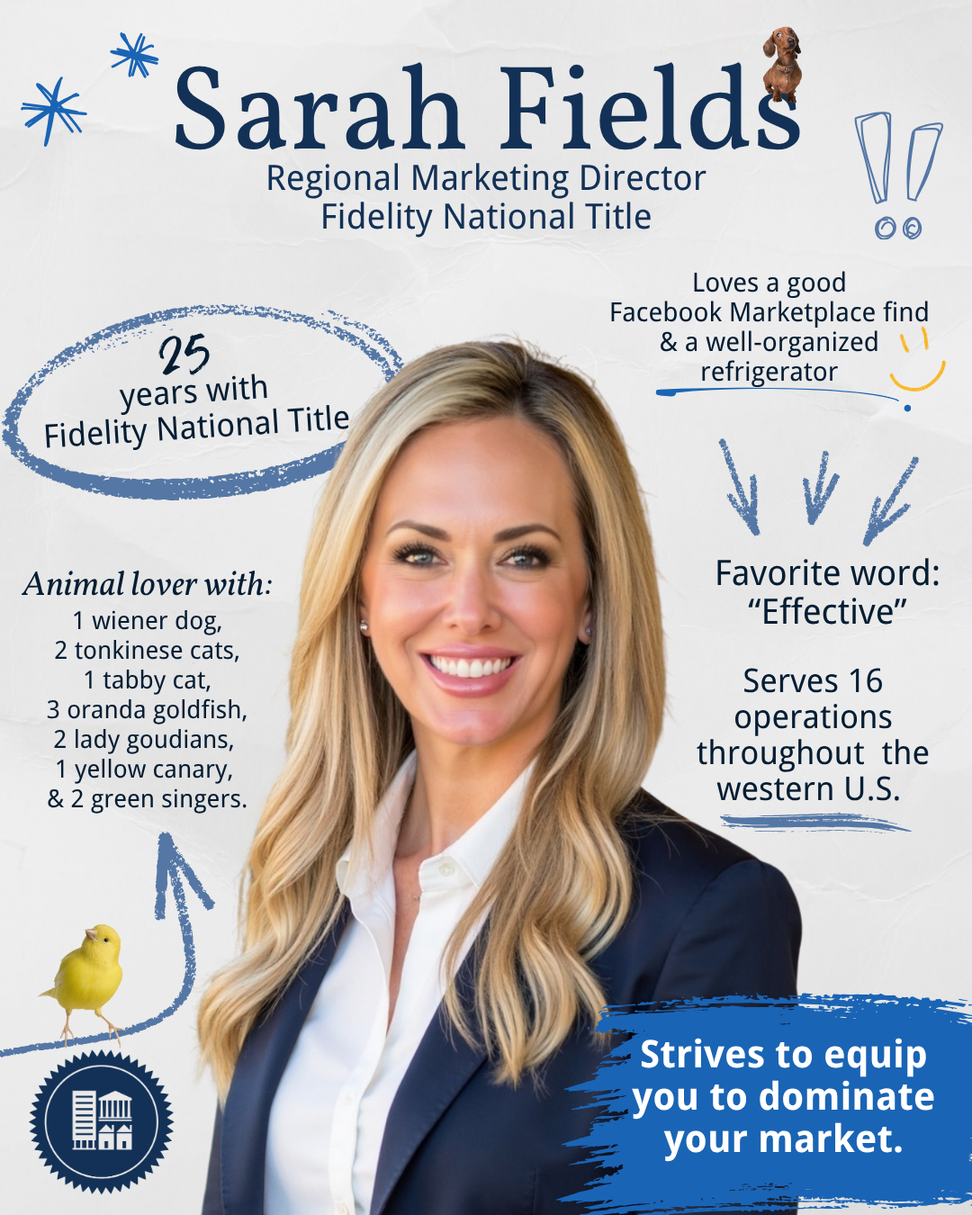 ✨ Meet the team! ✨

Say hello to Sarah Fields, our incredible Regional Marketing Director at Fidelity National Title!

With 25 years at Fidelity, Sarah helps support 16 operations across the western U.S., empowering our teams and our partners with th