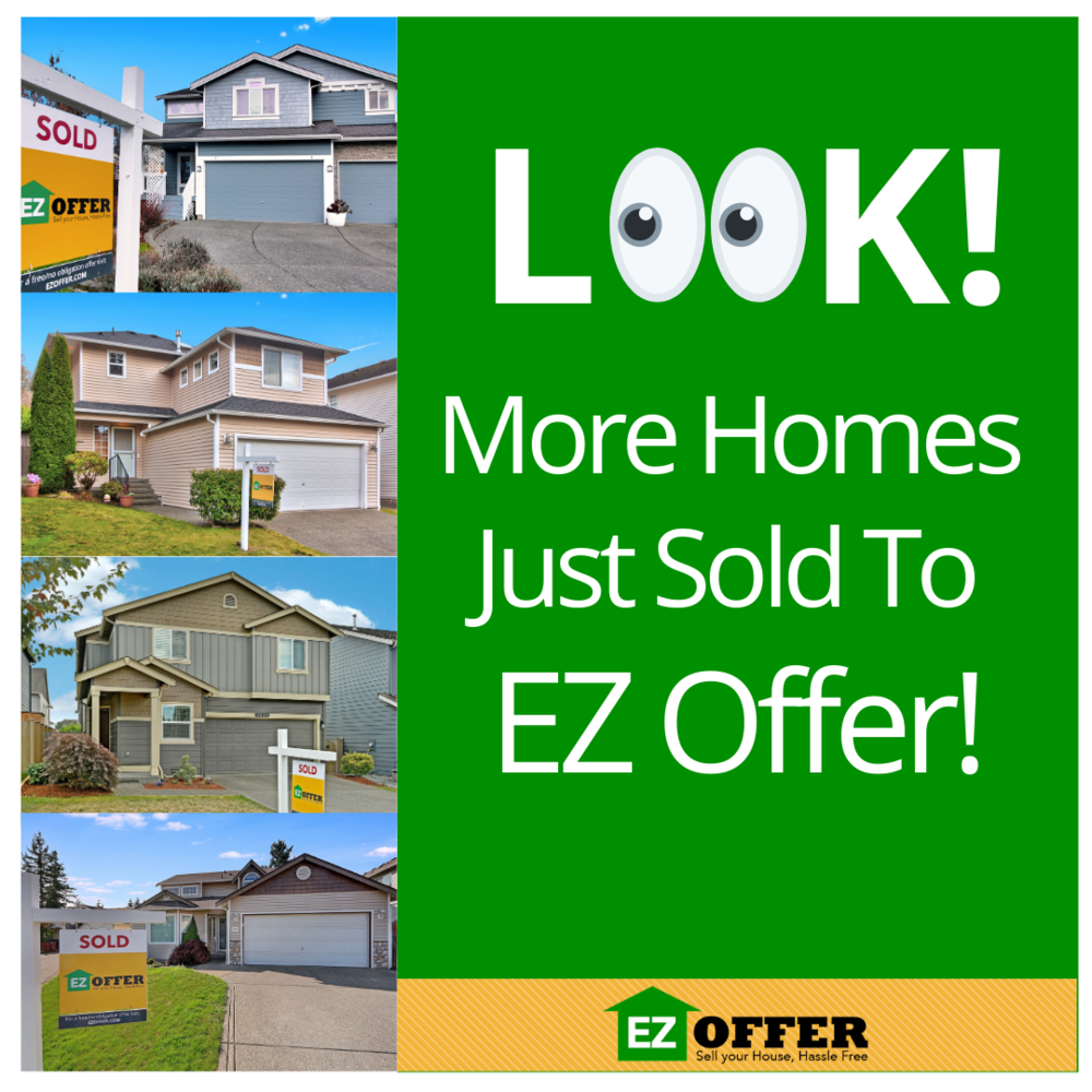A real estate advertisement showing four different homes with sold signs, and a green background with large white eyes and text that says "LOOK! More Homes Just Sold To EZ Offer!" The EZ OFFER logo appears at the bottom.
