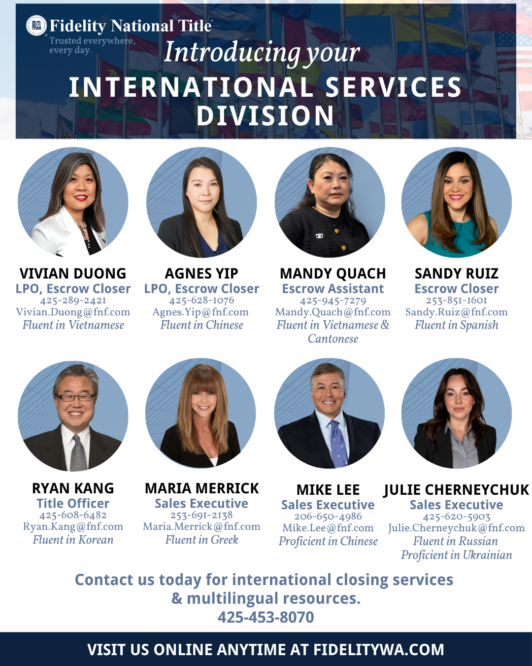 At Fidelity National Title, we’re proud to have a team that speaks your language—literally! 🏡💬 Whether you’re buying, selling, or investing, our multilingual experts ensure a seamless experience for our international clients. With proficiency in mu