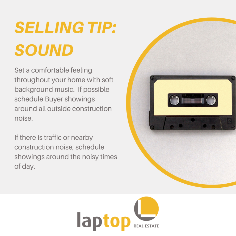 A printed infographic offering selling tips for real estate, emphasizing setting background music at home to create a comfortable environment, and scheduling showings around outside noise and construction traffic. The infographic features a cassette