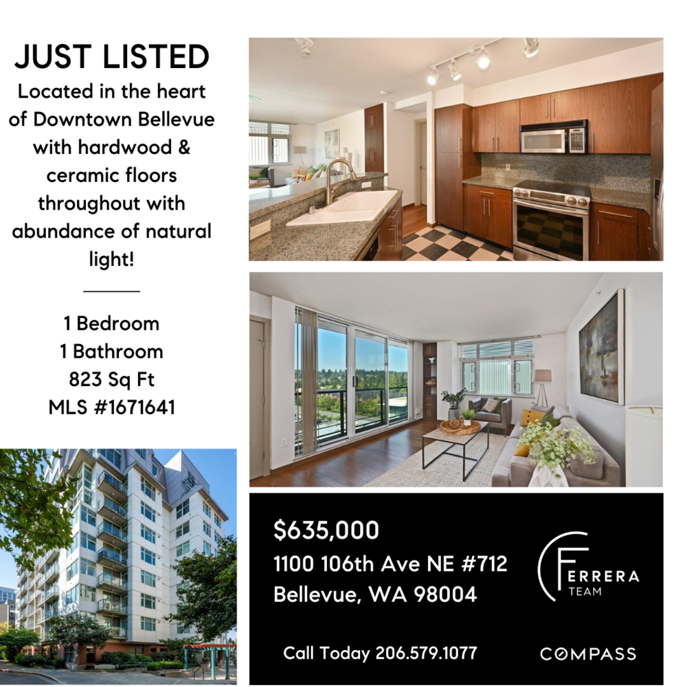 Advertisement for a one-bedroom apartment listing in Bellevue, Washington, featuring interior photos of a kitchen and living room, a photo of the apartment building exterior, and details about the property, price, address, and contact information.