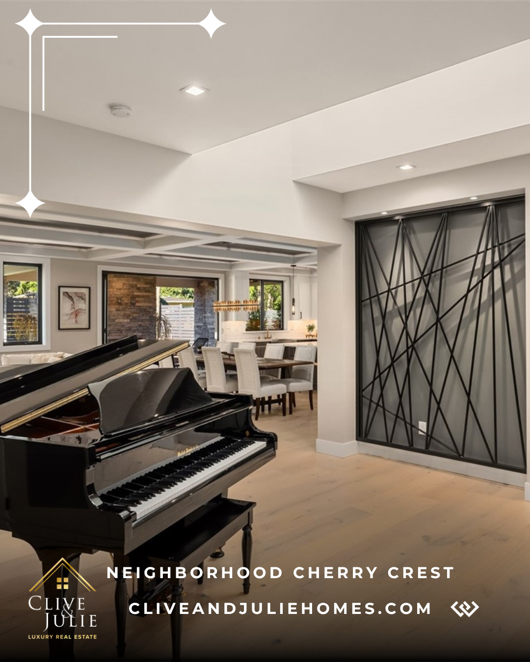Interior of a modern home with a black grand piano, a dining area with white chairs, large windows, and contemporary decor