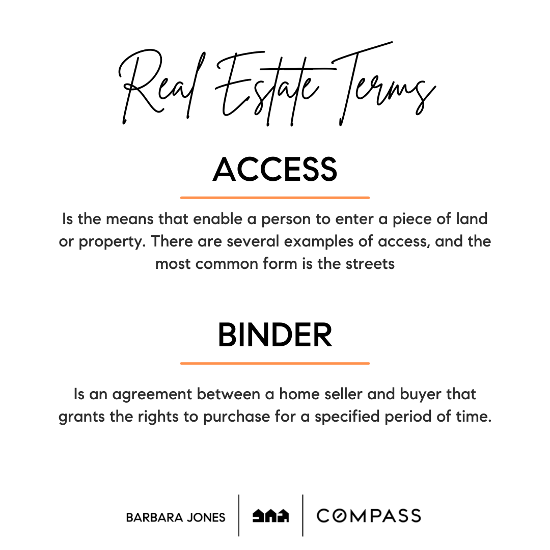 Information page about real estate terms, featuring titles 'Access' and 'Binder', with definitions and the logos of Barbara Jones, an icon, and Compass at the bottom.