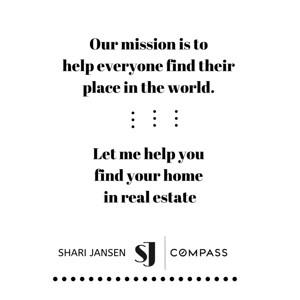 A promotional graphic with a white background featuring bold black text about helping people find their place in the world and home through real estate. It includes the names Shari Jansen and Compass, with the Compass logo and decorative dots at the