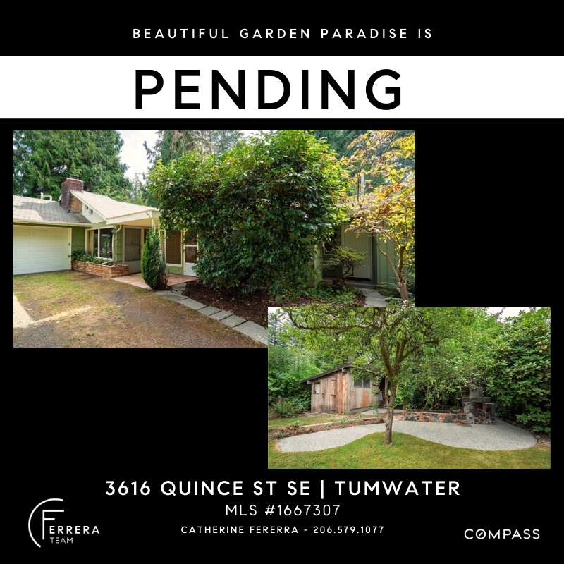 Real estate listing flyer for a property at 3616 Quince St SE in Tumwater, featuring photos of a house and a backyard with trees and landscaping. The flyer announces the property is pending.