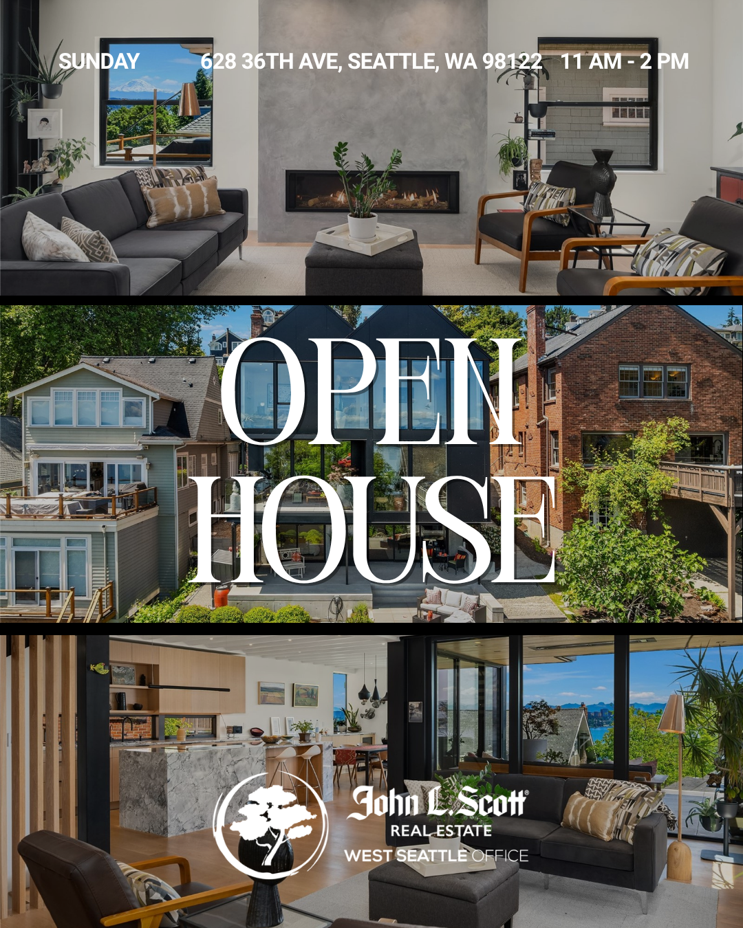 Interior view of a modern living room with a fireplace, black sofas, and large windows showing outdoor scenery. Overlaid text details a Sunday open house at 628 36th Ave, Seattle, WA 98122, from 11 AM to 2 PM. The bottom part shows an exterior view o
