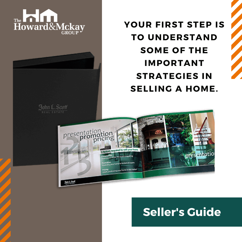 The image shows a brochure titled 'Seller's Guide' from The Howard & McKay Group, featuring a black Real Estate binder, a booklet with images of a house interior and exterior, and text about strategies for selling a home.