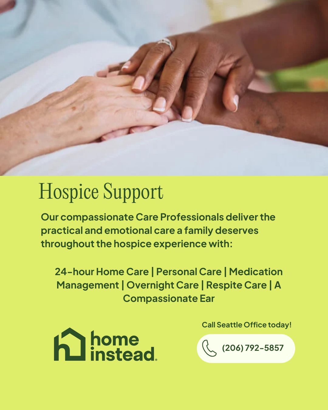 Close-up of two hands, one elderly and one darker-skinned, clasped in a comforting gesture, above a flyer offering hospice support services.