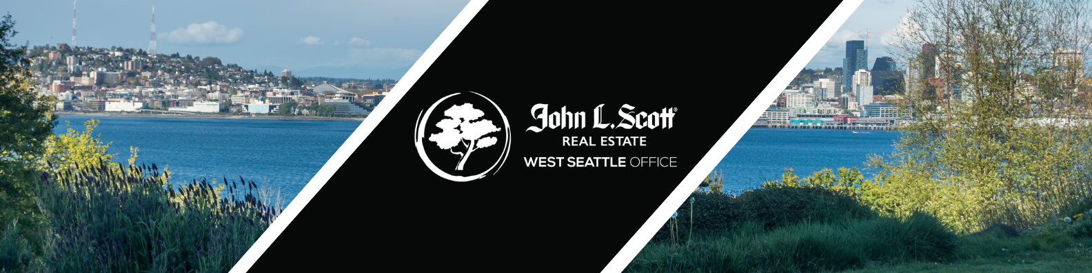 A graphic banner featuring a view of a city skyline across a body of water, with trees and greenery in the foreground. The banner promotes John L. Scott Real Estate West Seattle Office.