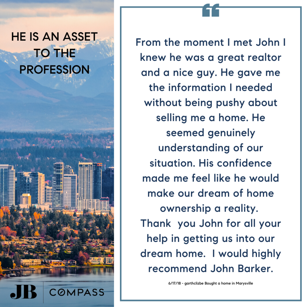 A promotional sign with a city skyline and mountains in the background, featuring a customer testimonial for a real estate agent, JB Compass, with text about buying a home in Marysville.