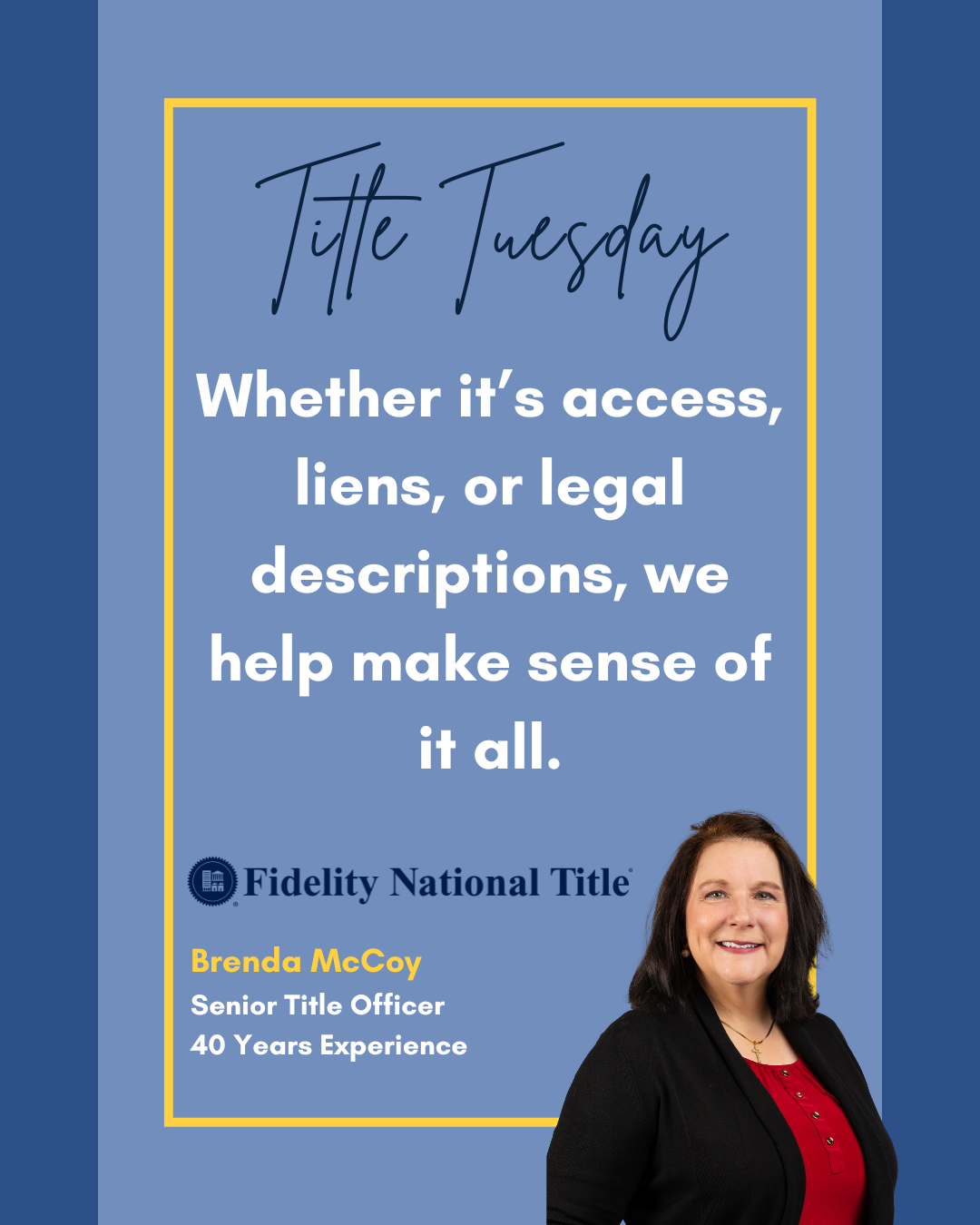🔍 #TitleTuesday
Whether it's access, liens, or legal descriptions, we help make sense of it all. With decades of experience on your side, you can count on Fidelity for smooth closings and reliable support every step of the way. 🏡💼

🌟 Call us toda