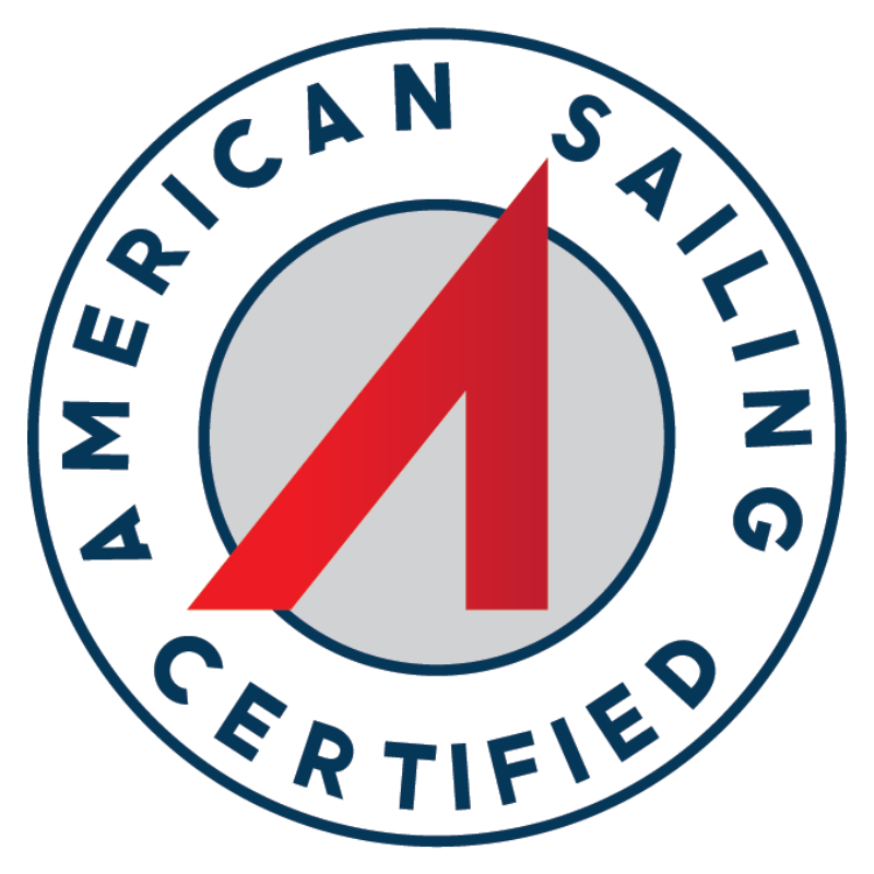 American Sailing Certified badge with a red sailboat shape at the center, encircled by the text "American Sailing Certified".