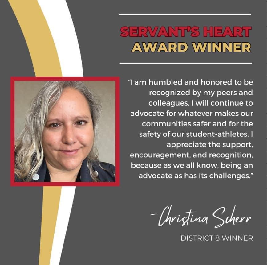 Thank you NATA SSATC for recognizing our own Christina Scherr out of District 8, California for the Servant&rsquo;s Heart Award. Christina has played a vital role in multiple professional committees and continues to positively influence the professio