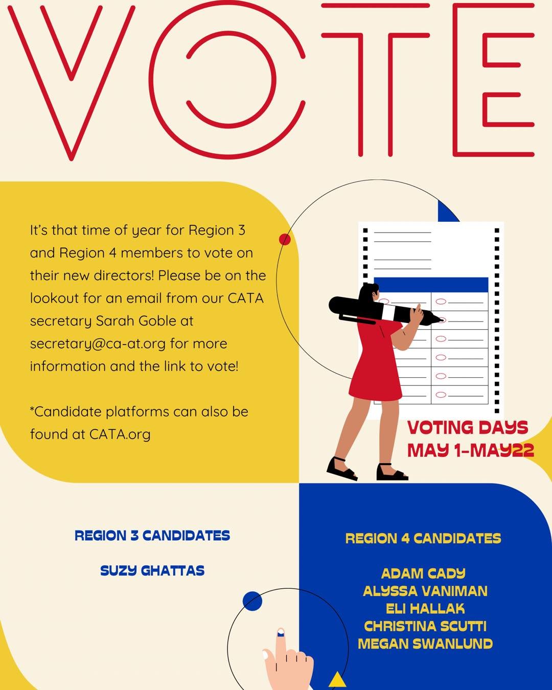 REGION 3 and REGION 4 membership, it’s time to vote! Be on the lookout for an email from our CATA secretary Sarah Goble secretary@ca-at.org. This email will provide you a link to review the candidate's platform and a link to vote. Emails will b