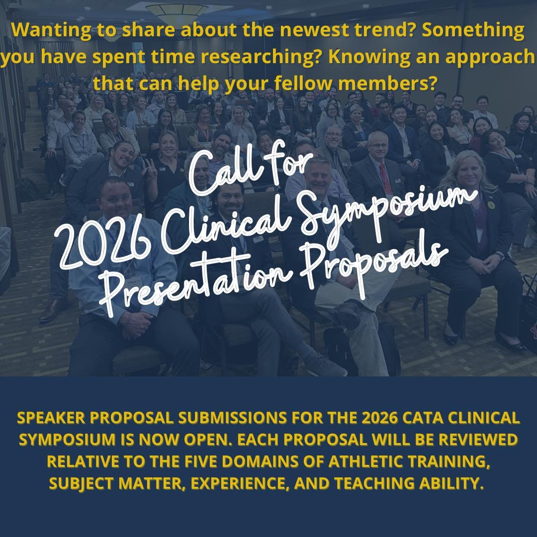 Speaker proposal submissions for the 2026 CATA Clinical Symposium is now open. Each proposal will be reviewed relative to the five domains of Athletic Training.
If you are or know a colleague who is passionate about a specific domain in athletic tr