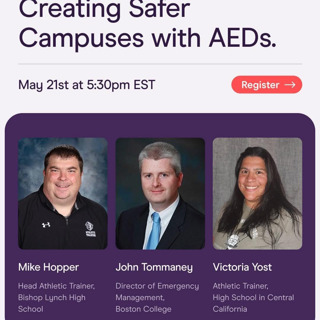 Join us on Wednesday May 21st at 5:30pm EST for a 1-hour live webinar featuring insights from school safety leaders who are changing how campuses prepare for and respond to Sudden Cardiac Arrest, moderated by our co-founder and CEO Sameer Jafri.
Wh