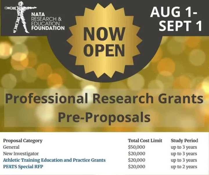 Repost from @natafoundation
📣 IT'S OFFICIALLY OPEN! 📣
The NATA Foundation Professional Research Grant Pre-Proposal Window is NOW OPEN 🧠📊💡
August 1 – September 1
Are you ready to advance the future of athletic training research? Submi