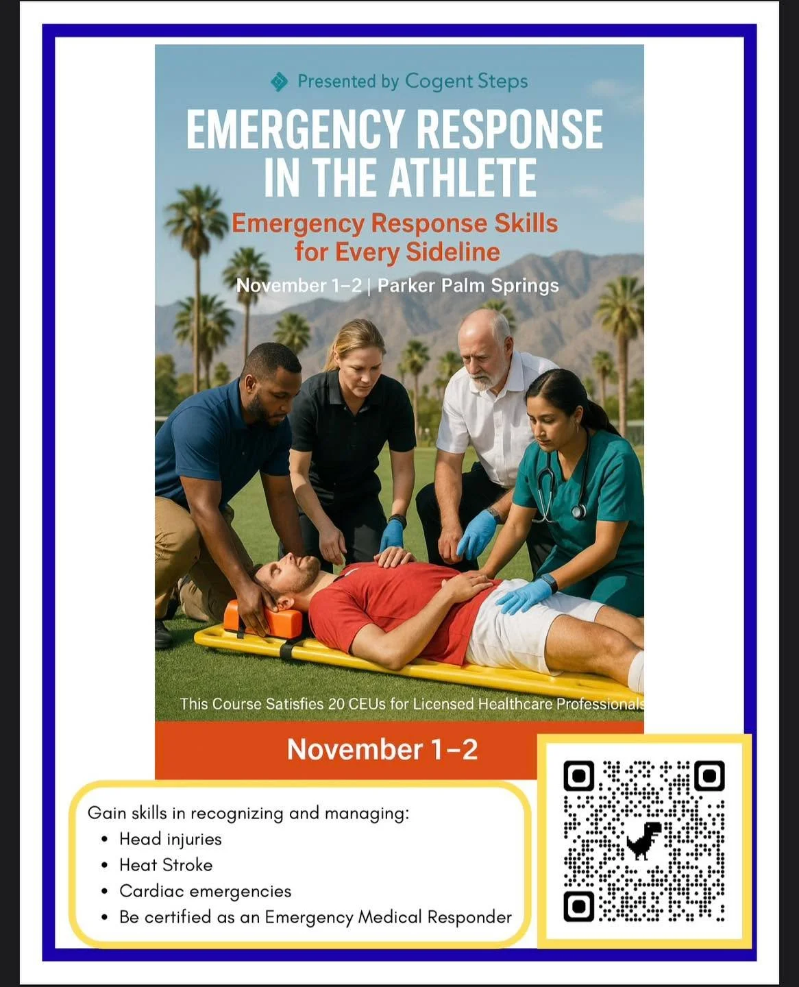 CEU OPPORTUNITY
ERA Course Nov 1-2, 2025 – Palm Springs, CA
This course is geared towards educating and preparing the community in providing essential sideline skills for athletes. The course also provides 20 CEUs that help with healthcare p