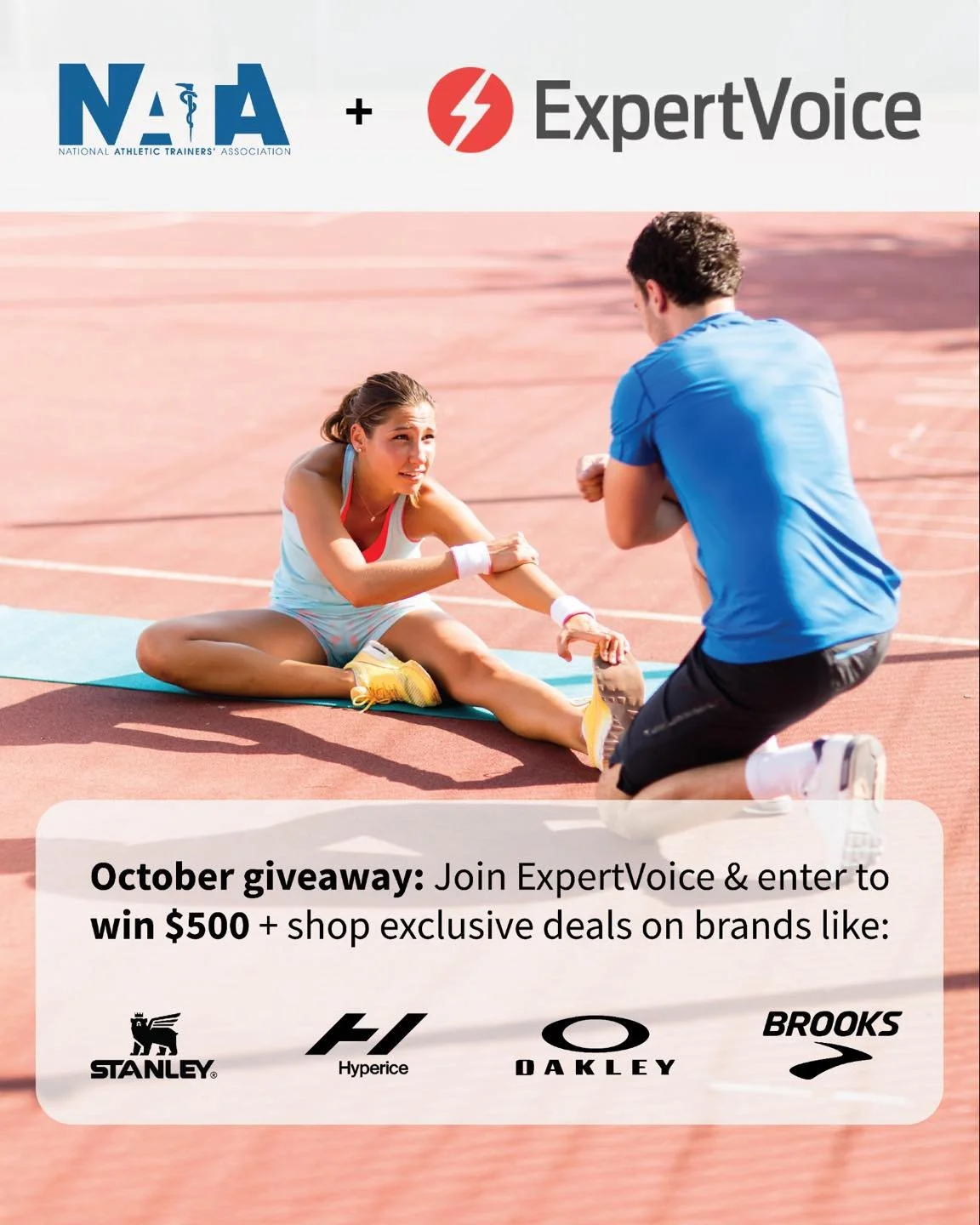 October is here, and so is a chance to WIN! 🎉
The NATA and ExpertVoice have partnered up for an exclusive $500 giveaway! Plus, get amazing deals on brands like Stanley, Hyperice, Oakley, & Brooks.
Join ExpertVoice today! 👇
https://www.expert