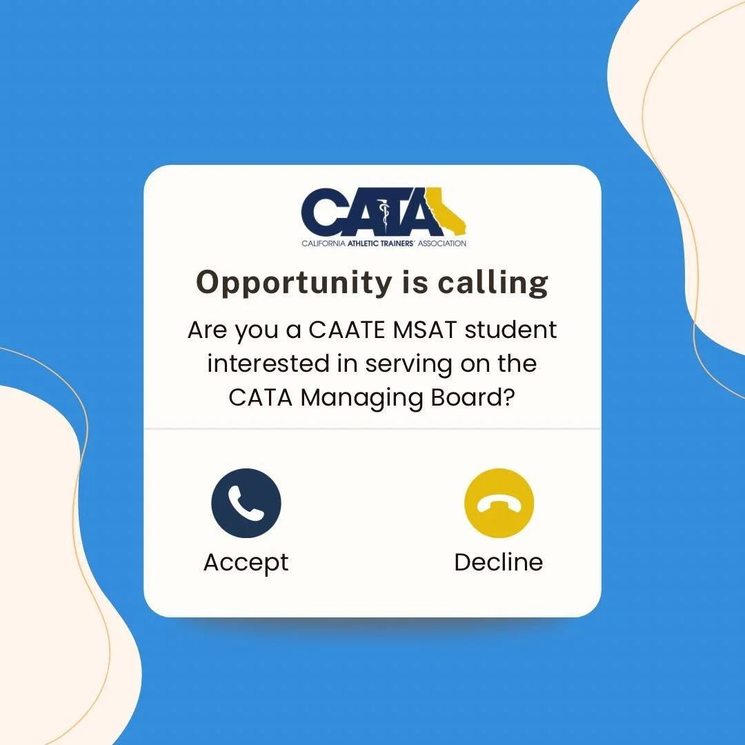 Calling all athletic training students!
Are you interested in serving on the CATA Managing Board? Applications are now open through November 30th!

This is a great opportunity to get involved, network with certified athletic trainers, and gain insigh