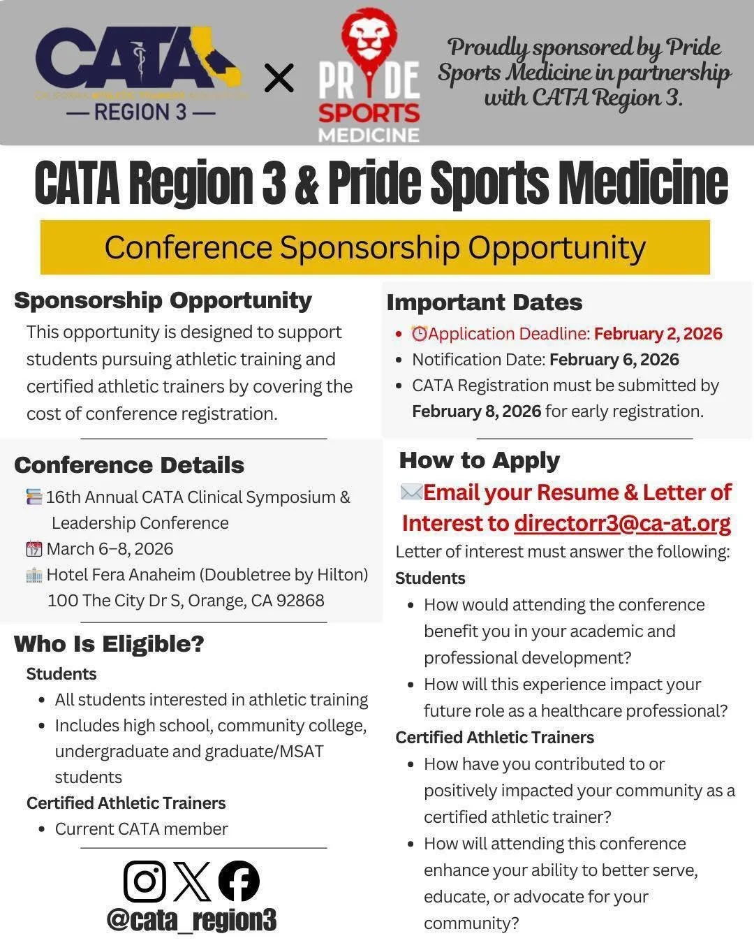 Repost from @cata_region3
&bull;
CATA Region 3 x Pride Sports Medicine
Conference Registration Sponsorship Opportunity!

📍 Anaheim, CA
 📅 March 6&ndash;8, 2026
 📝 Apply by 2/2/26
📧 To apply, email your resume &amp; letter of interest to
directorr