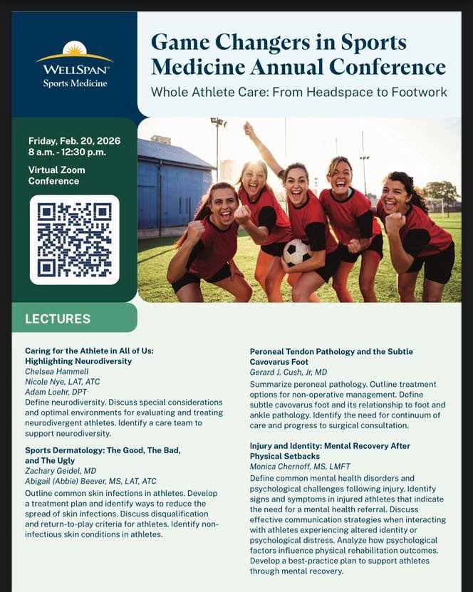 CEU OPPORTUNITY 

@wellspan_health presents: Game Changers in Sports Medicine Annual Conference. This year&rsquo;s theme is &ldquo;Whole Athlete Care: From Headspace to Footwork.&rdquo;

🗓️ Feb 20, 2026 | 8:00 AM - 12:30 PM

💻 Virtual

💰 Free

htt