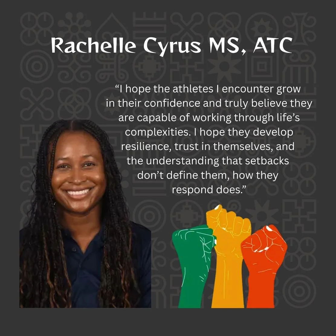 Black History Month Spotlight

Meet Rachelle Cyrus MS, ATC

What Rachelle loves most about being an athletic trainer is walking alongside athletes through every stage of their journey&mdash;the victories, the setbacks, and the growth in between. She 